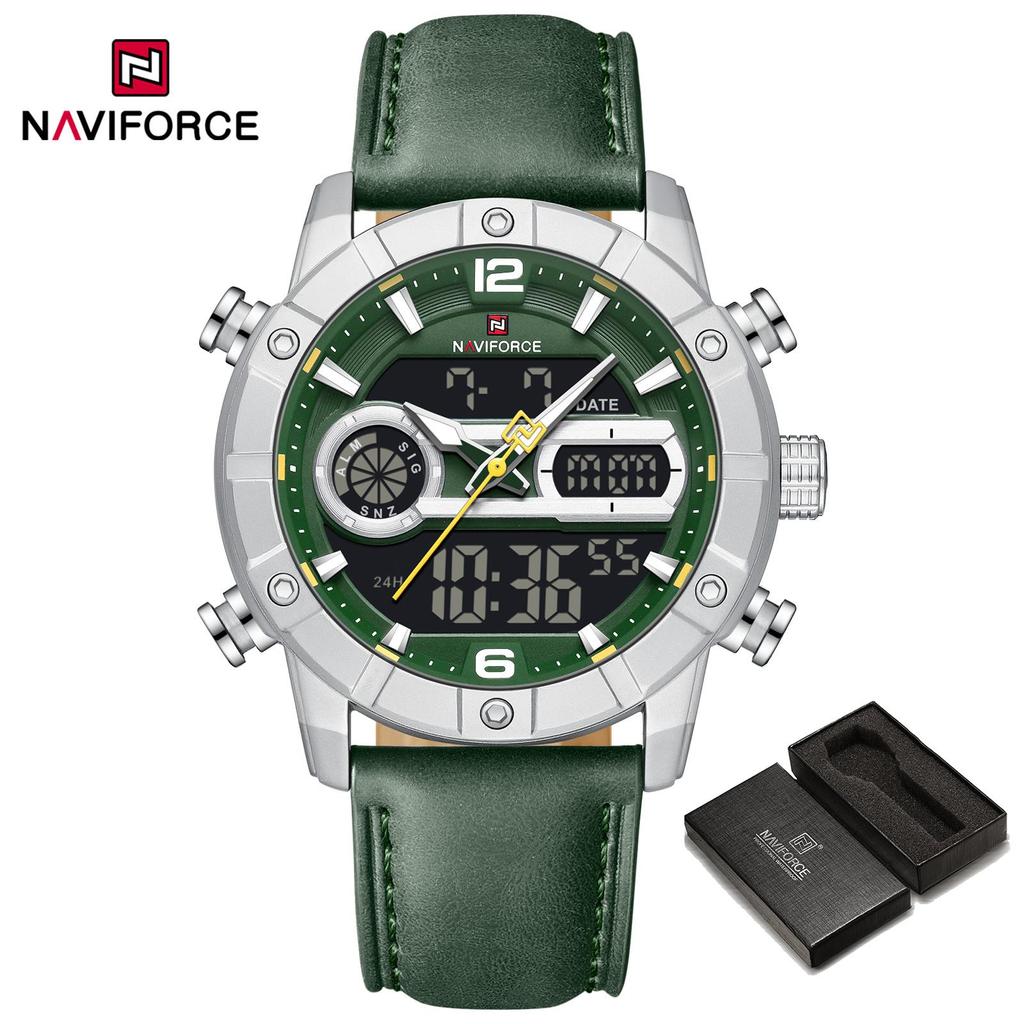Naviforce Мужские часы с двойным временем, светящимися стрелками, кварцевым механизмом, ЖК-дисплеем, кожаным ремешком, водонепроницаемые, мужские часы в подарок NF9263