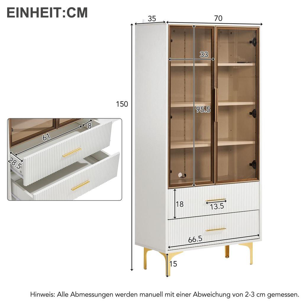 Glasvitrine LED-Lichtern, Weiß 2 Türen & 2 Schublade, Modern Bücherschrank verstellbaren Einlegeböden, Metallbeine, Wohnzimmer Büro Esszimmer