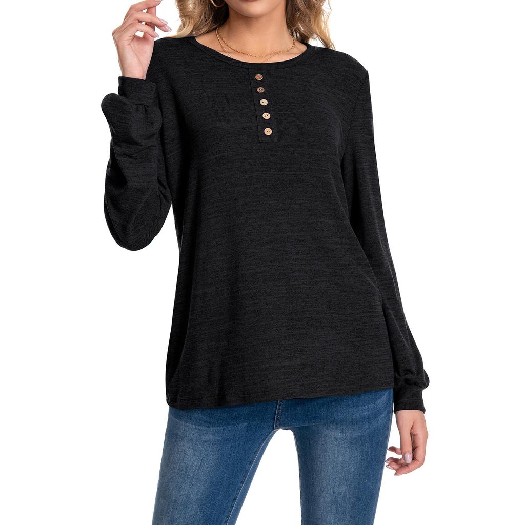 Женская мода повседневная круглая горловина с пуговицами длинный рукав однотонный топ Shu