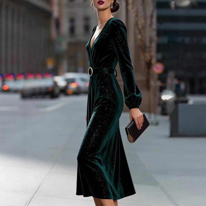 European and American new sexy fashion V-neck sequined velvet slim dress