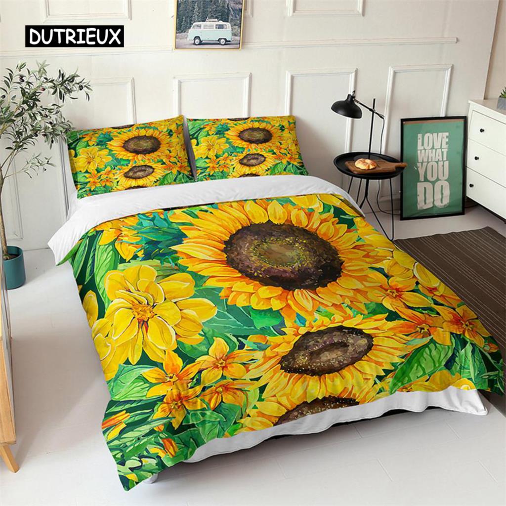 Пододеяльник с подсолнухами, комплект постельного белья с желтыми цветами, полиэстер, черный, золотой, желтый, с принтом подсолнухов, пододеяльник для детей и подростков