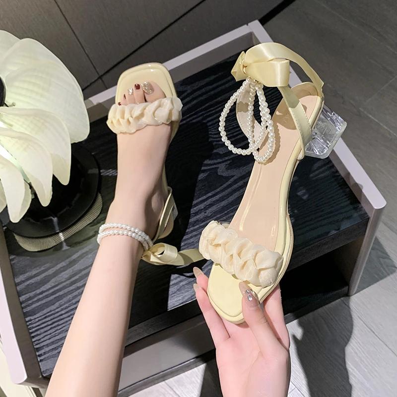 New Summer Fashion Sexy Square Toe Thick Heel Fashion Sandals Simple Mesh Banquet Party Crystal Heel High Heels NO:Q2942