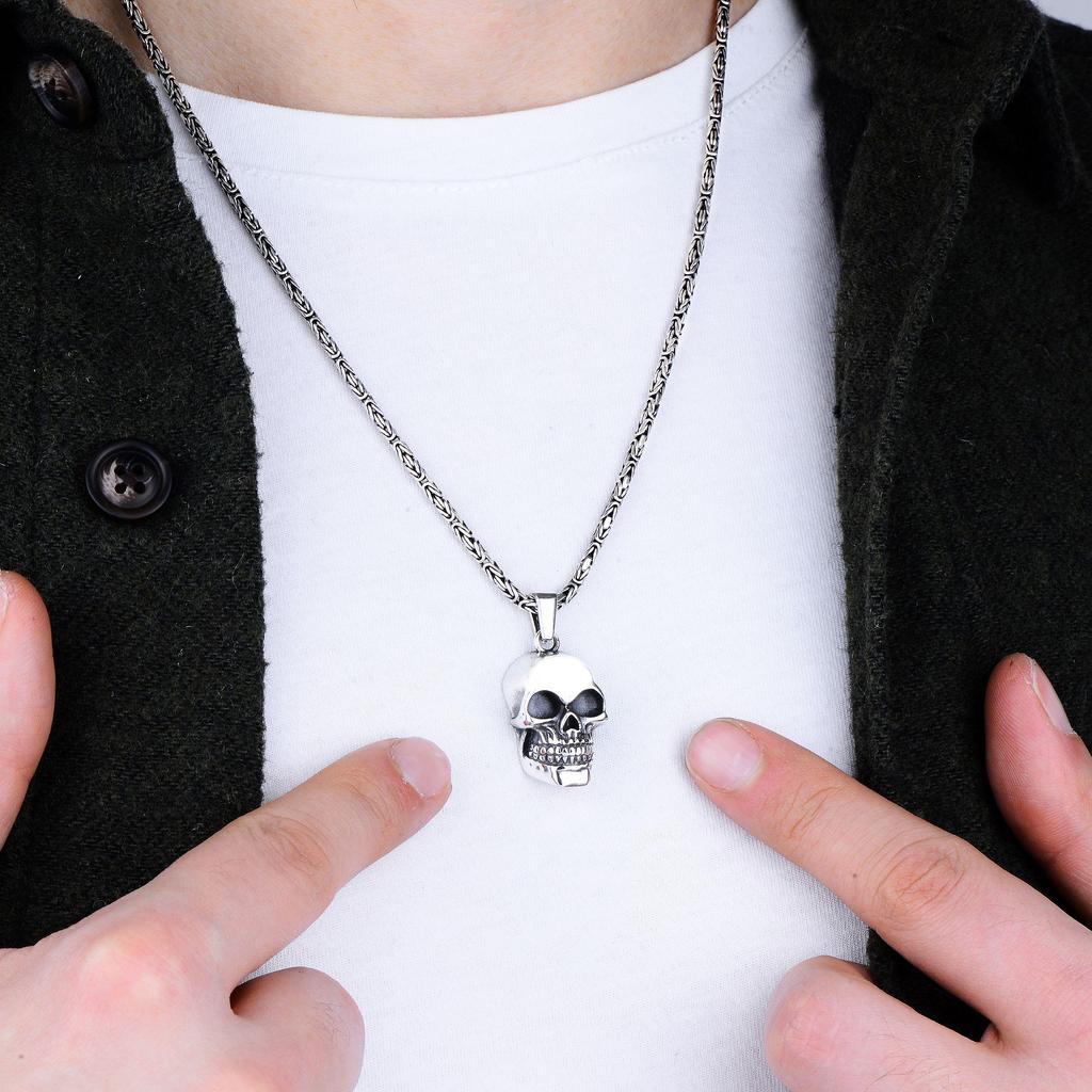 925K Skull Pendant Necklace for Men,  Heavy Byzantine Chain,  Biker Jewelry, Unique Artisan Men's Jewelry,  Gift Idea for Men