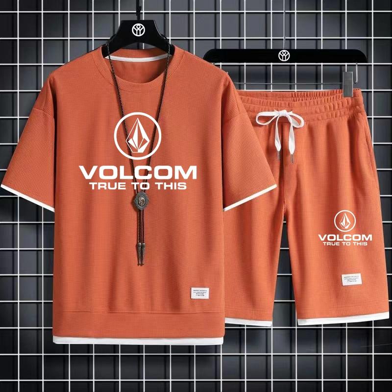 2025 VOLCOM Новый мужской спортивный костюм из 2 предметов с коротким рукавом, костюмы с принтом, футболка + штаны, студенческая повседневная летняя спортивная одежда
