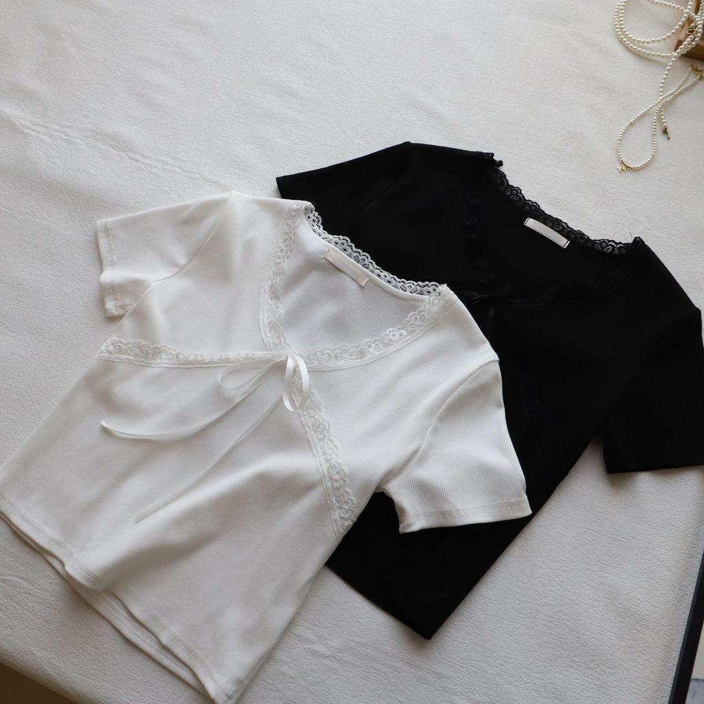 Маленький топ с короткими рукавами и бантом, приталенного силуэта - 2025 корейский стиль, летняя женская мода