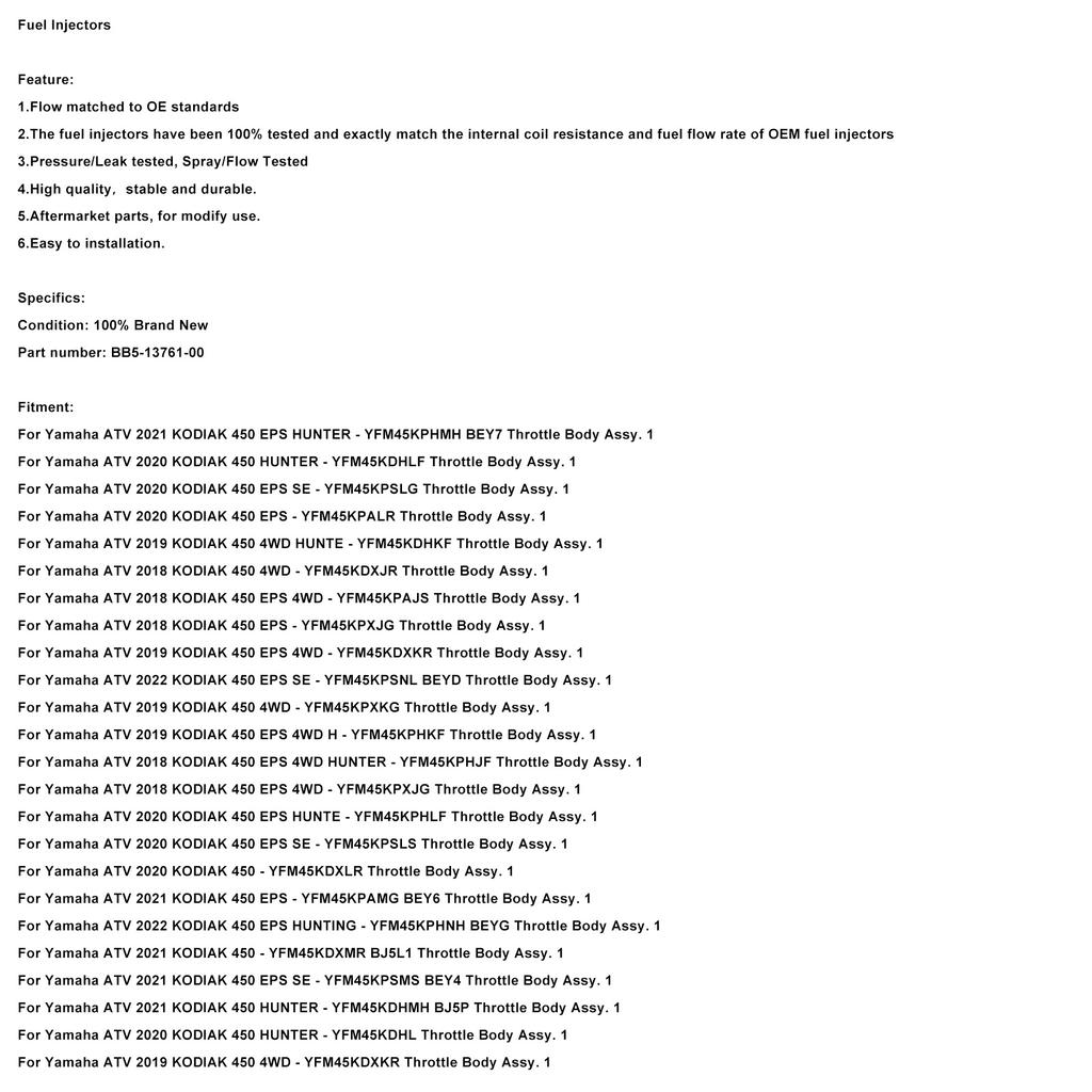BB5-13761-00 Fuel Injectors For Yamaha KODIAK 450 2018-2022