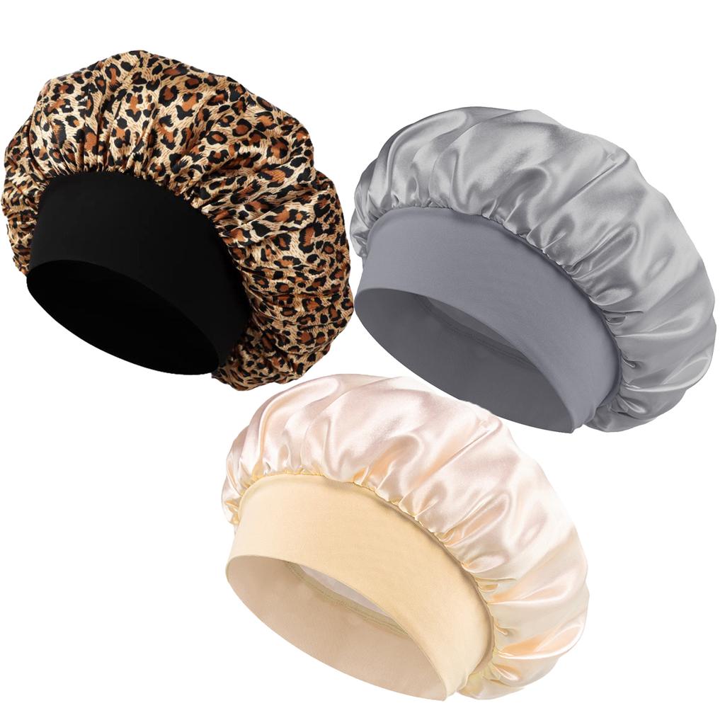 3 шт. Женская однотонная атласная широкополая шапочка для душа, подходит для ежедневного использования, шелковая шапочка, атласная шапочка