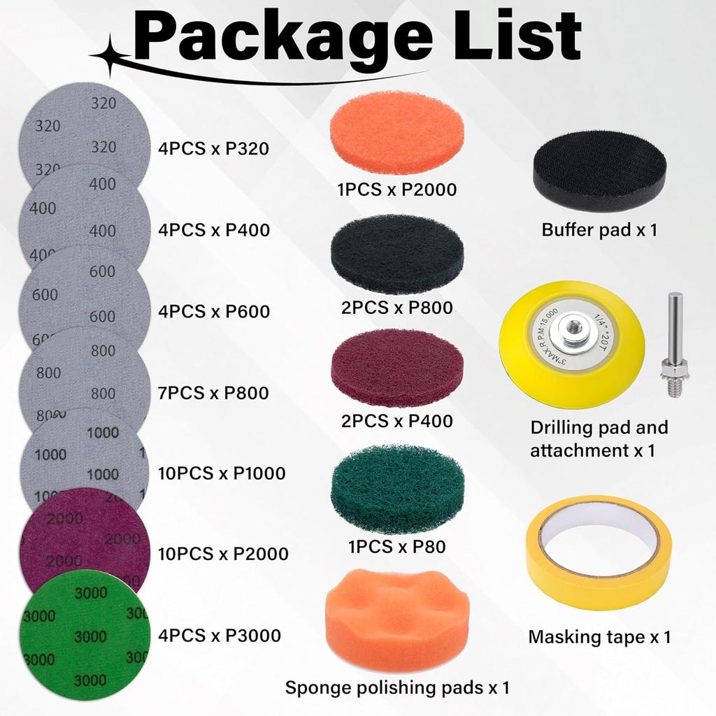53 PCS Car Headlight Restoration Kit, 3 Inch Drill Sanding Disc With 1/4 Inch Shank Backing, Loop And Hook Sanding Paper, Scouring Pads, Polishing