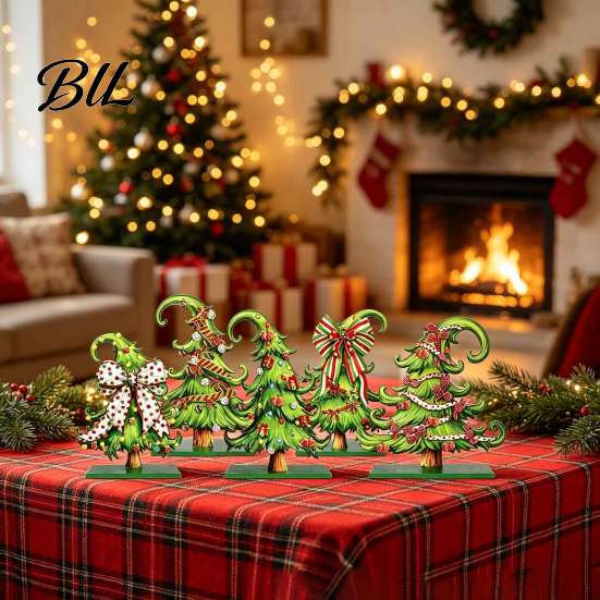 Small Xmas Tree Signs 5 Pcs Wooden Tabletop Christmas Signs, Rustic Standing Green Holiday Ornaments Desktop Ornament with Curly Topper for