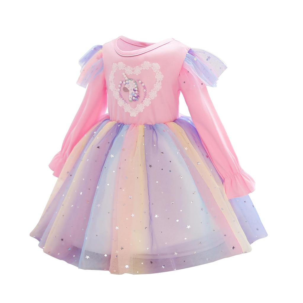 2024 New Spring Autumn Toddler Daily Girls Dresses Long Sleeve Sequin Unicorn Princess Costume Tutu Party Xmas Gift 3-10 Years