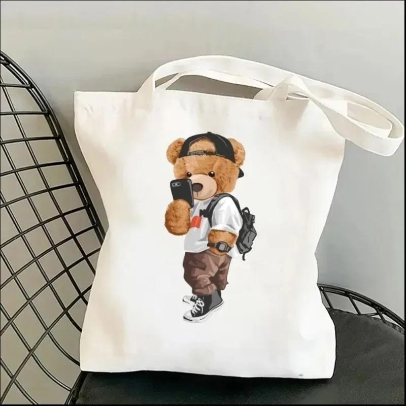 Harajuku Cute Bear Art Shoulder Bags Kawaii Tote Handbag Canvas Girl Environmental Large Capacity Portable Shopping Bag