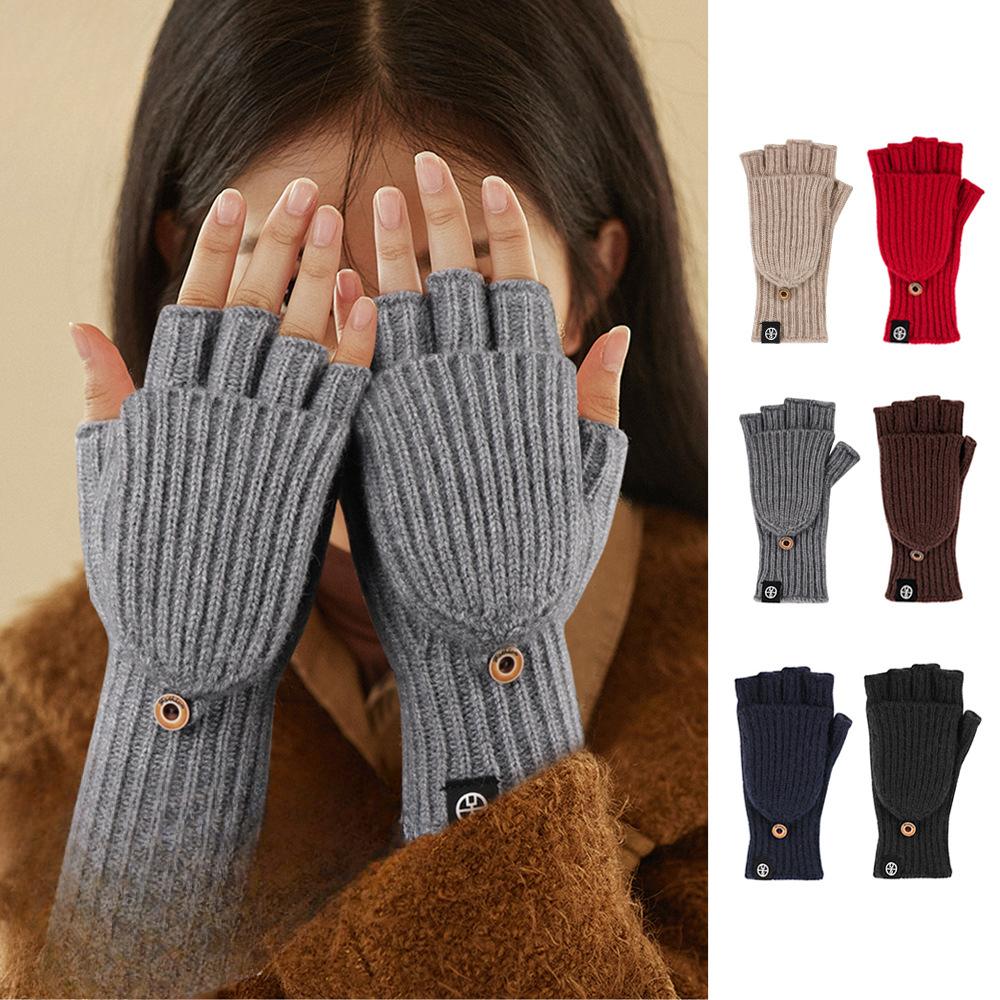 Knitted Flip Gloves for Winter Warmth Half Finger Gloves for Students Writing Thickened Cold Proof Yarn Touch Screen Finger Exposed Gloves