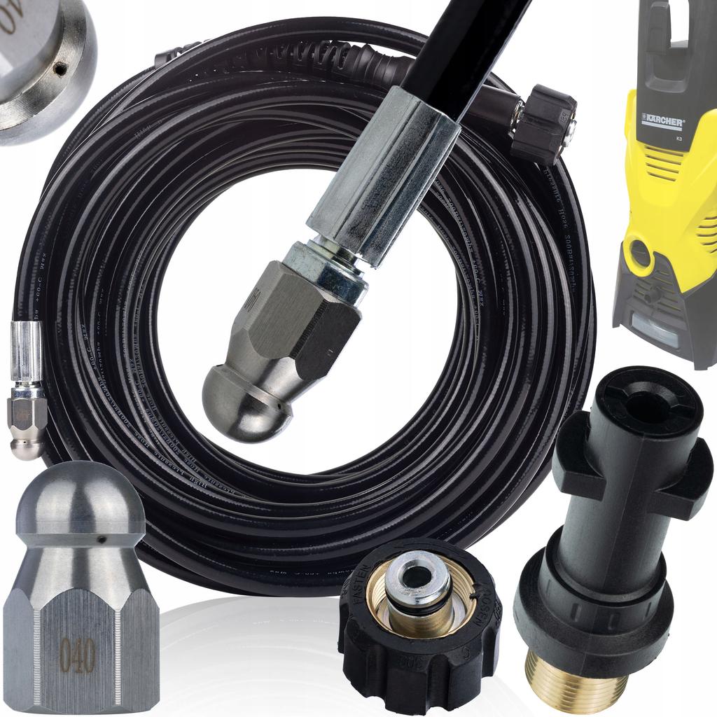 Rosfix Wąż do Czyszczenia Kanalizacji 20m – Gwint M22-Bayonet | Ciśnienie Max 200 Bar | Wymienna Dysza i Adapter Bayonet