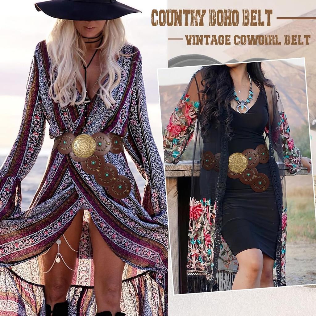 Western Leather Belts For Woman Concho Cowgirl Cowboy Disc Belt For Ladies Wide Boho Country Waist Belts For Dress