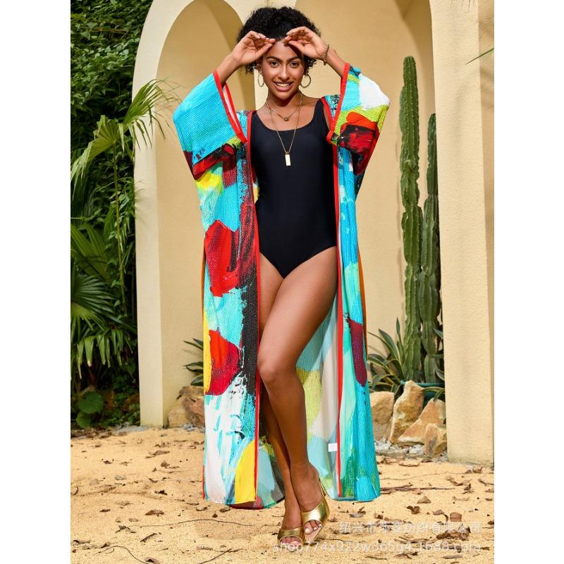 Plus Size Women's Print Beach Holiday Long Cardigan Bikini with Swimsuit Cover Up
