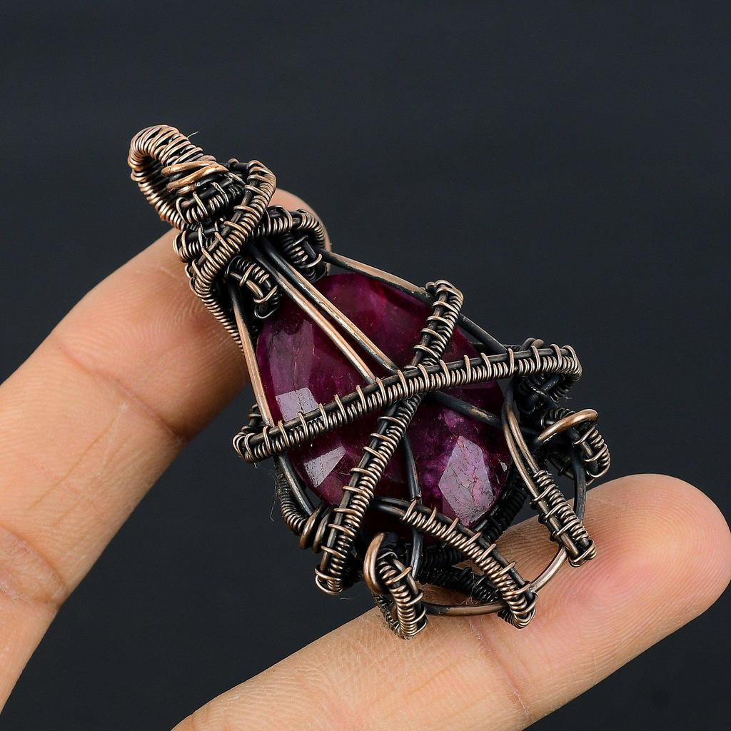 Рубиновый кулон Ювелирные изделия из драгоценных камней, Кулон ручной работы, обернутый медной проволокой 999 пробы, Ювелирные изделия новейшего дизайна
