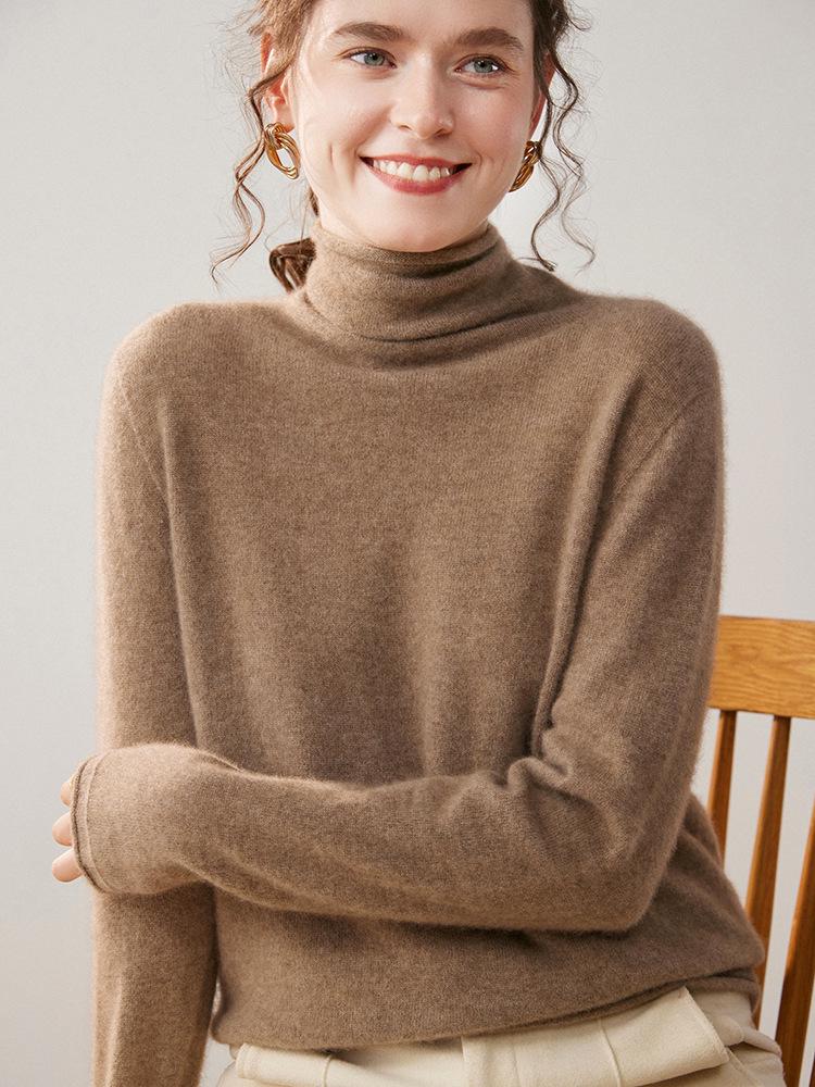 Women's Solid Color Cashmere Knit Sweater with Stacked Collar