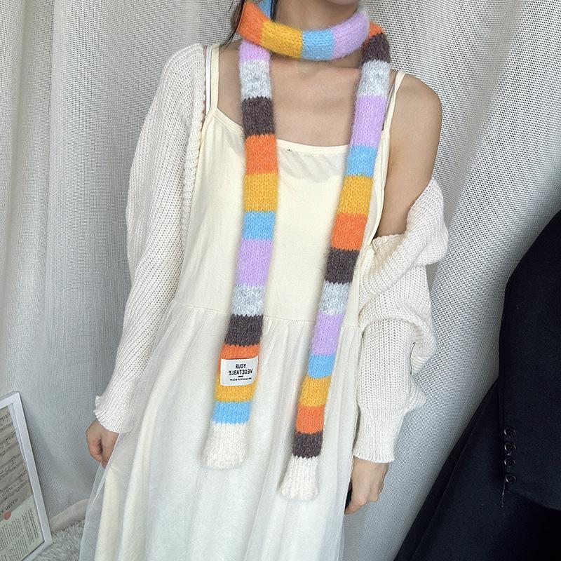 Шарф Luochi Knitwear Осень/Зима, Мохеровый, Цветные Блоки, Полоска - Унисекс, Стиль Y2K 'Сладкая и Пряная Девушка'