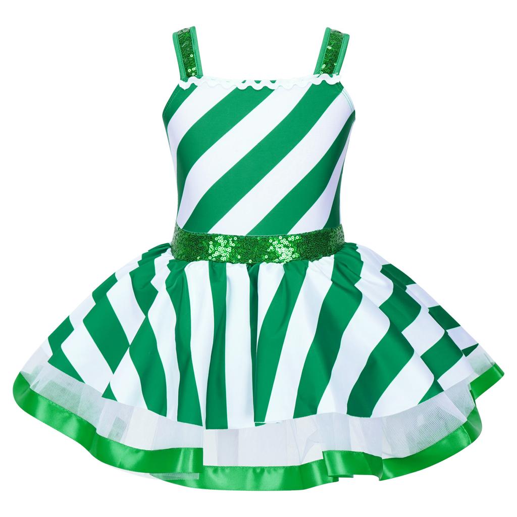 Girls Christmas Dance Costume Sleeveless Shiny Sequins Striped Figure Ice Skating Roller Skating Leotard Dress