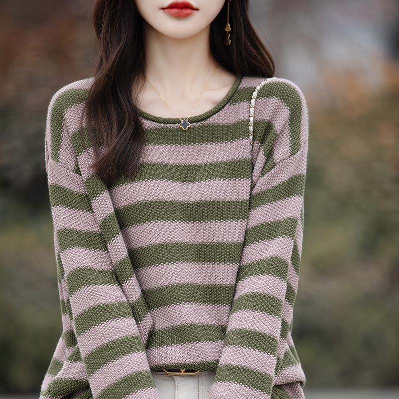 Women Sweater Autumn Winter Curled O-Neck Pullover Long Sleeve Bottoming Colorful Stripes Knitwear Loose Clothing