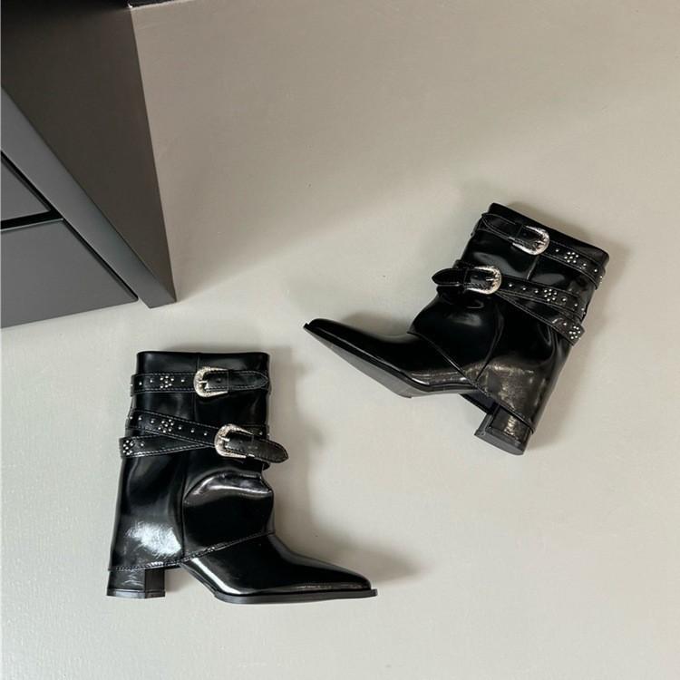 High Heel Boots Thick Heel Pointed Trouser Tube Boots Short Boots Women's 2025 Autumn and Winter New Rivet Belt Buckle Sleeve Fashion Boots Women