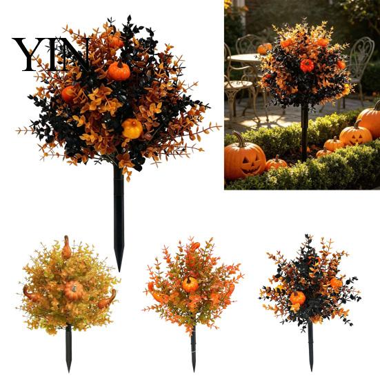 Reusable Fall Patio Accents Pumpkin Topiary Trees with Stakes, Artificial Autumn Eucalyptus Leaf Gourd Halloween Yard Decorations Decoration for Front