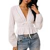 Женская розовая атласная блузка с длинным рукавом, отделка фестонами, завязка спереди, облегающая укороченная блузка