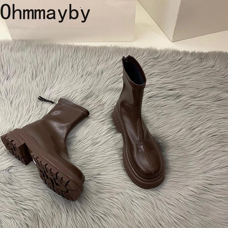 Fashion Autumn Chunky Women Chelsea Boots Fashion Back Zippers Thick Heel Short Booties Retro Style Street Style Female Shoes