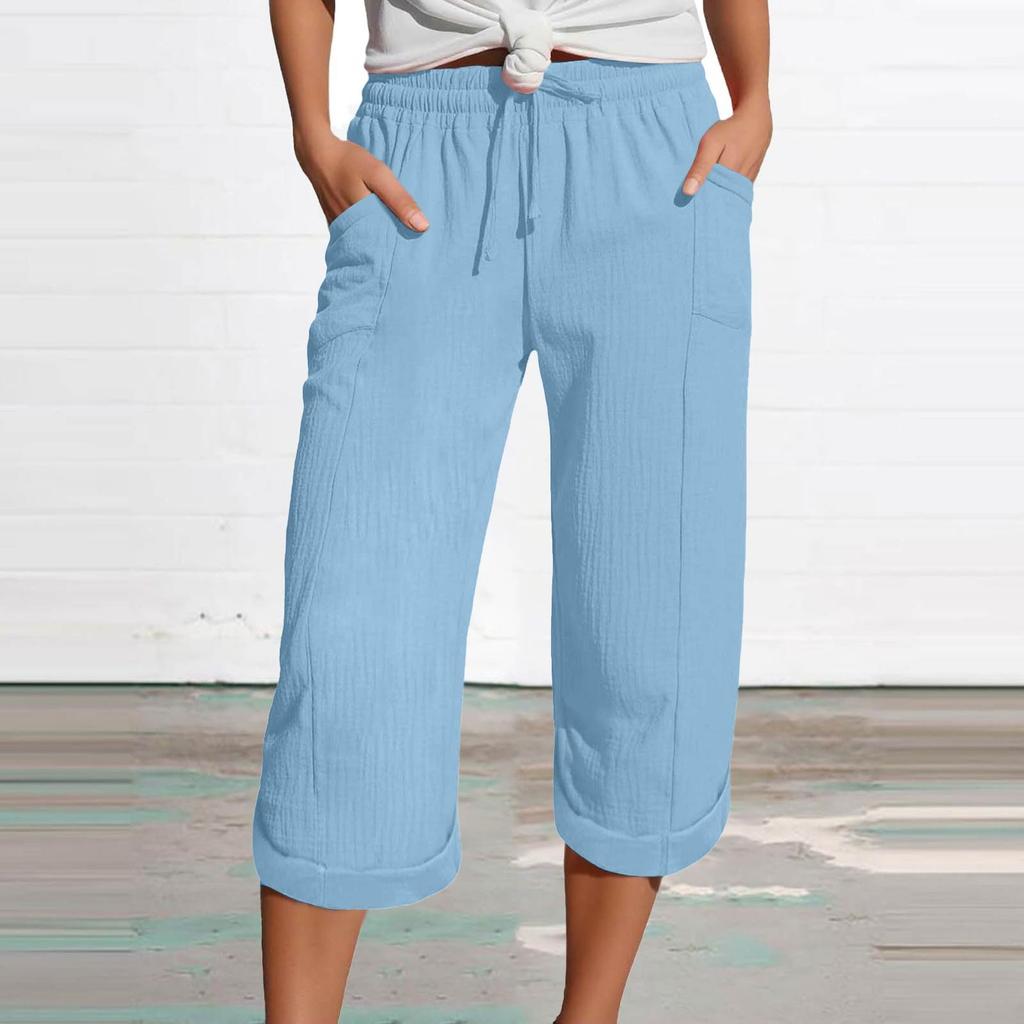 Women's Summer 3/4 Trousers Summer Trousers With Pockets Causal Loose Trousers Fabric Trousers Sport Leisure Beach Trousers