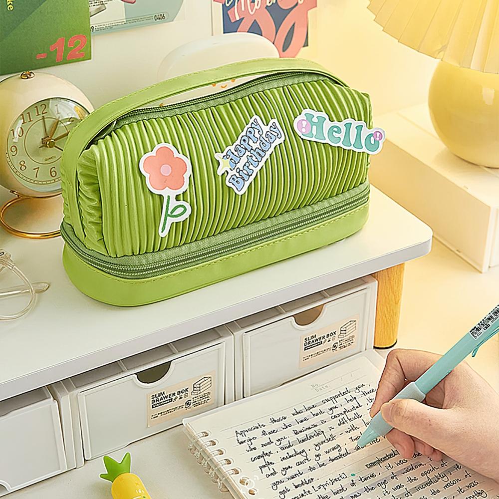 Двухуровневая сумка-карандаш, чехол для ручки, авокадо, зеленый, кремовый, белый, из искусственной кожи, сумка для хранения канцелярских принадлежностей, макияжа, путешествий