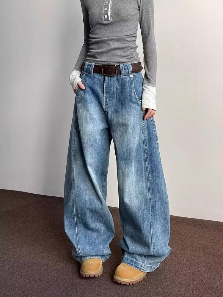 American Vintage High Street Washed Wide Leg Jeans Women 90s Retro Loose Fashion Design Pants Korean Elegant Denim Trousers Ins