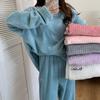 2 Pcs/Set Unisex Winter Pajamas Set Round Neck Solid Color Thickened Coral Fleece Homewear Top Pants Set Loose Loungewear Lady Nightwear Set