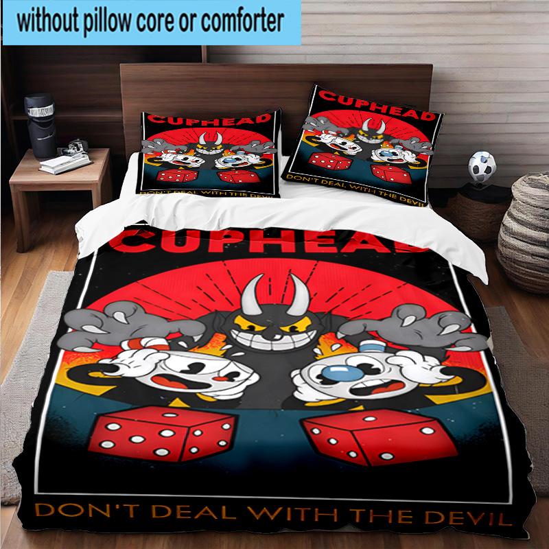 3PCS Cup-head And Mugman Adventure 3pcs Bedding,Including 3PCS Duvet Cover And 2pcs Pillowcases Perfect for Christmas,Ideal for Bedroom, Dormitory