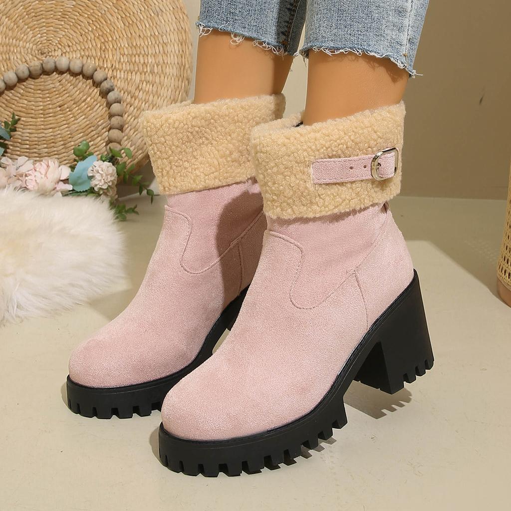 Foreign Trade Large Size Women's Shoes Snow Boots Women's Autumn and Winter New Belt Buckle Thick Heel Warm Turning Rough Edge Snow Boots