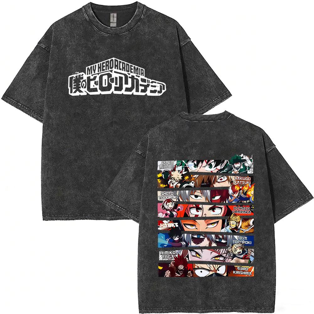 Anime My Hero Academia Shoto Todoroki Vintage Washed Tshirt Men Women Casual Retro Oversized T Shirts Cartoon Harajuku Tshirts