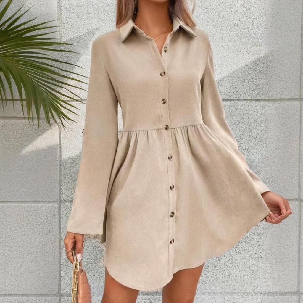 Women's Casual And Fashionable Long Sleeved Lapel Single Breasted Skirt Type Shirt Dress