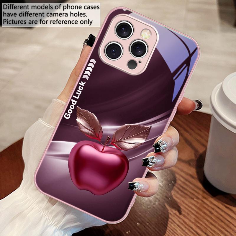 Простой Черный Счастливое Яблоко Для iPhone 16 E 15 14 13 Plus 12 mini 11 Pro Max XR Xs Max X 7 8 6 6S 2022 Закаленное Стекло Чехол для Телефона