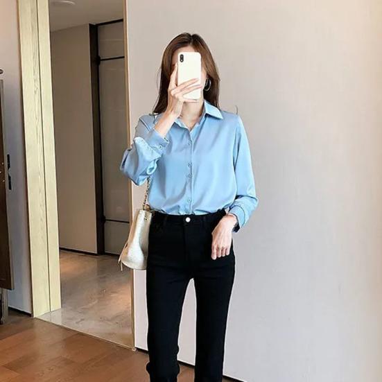 Женская рубашка однобортного цвета с отложным воротником, кардиган больших размеров с длинными рукавами, мягкая повседневная блузка с длинным рукавом, женский топ