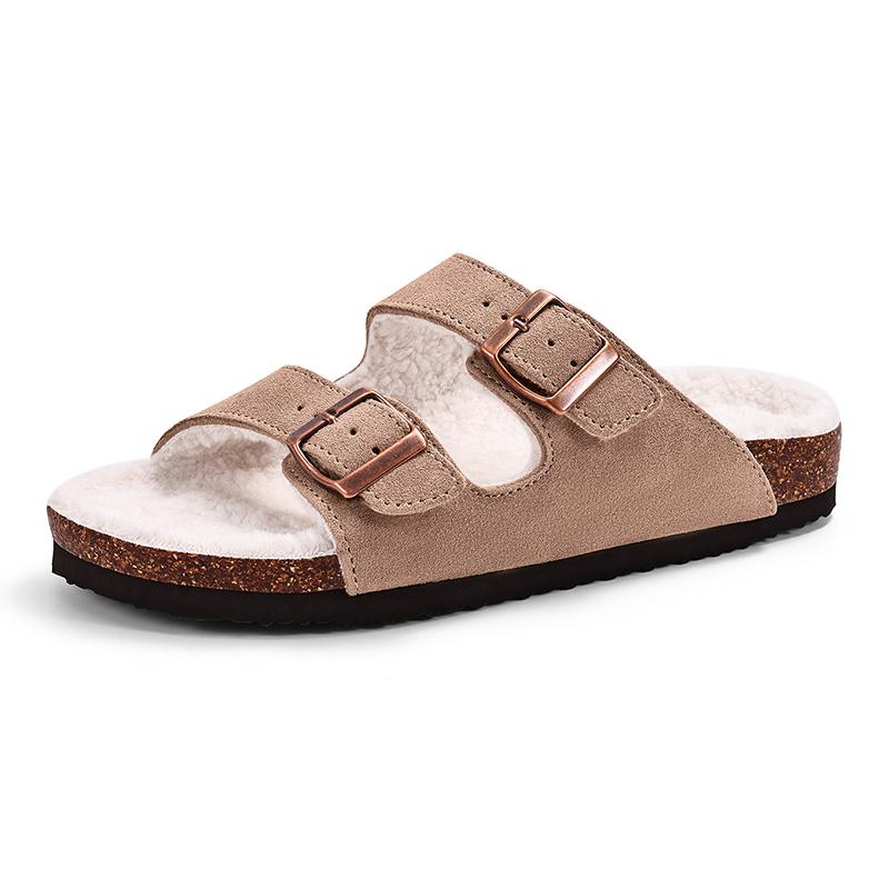 Fashion Litfun New Women's Winter Slippers Thick Sole Cork Footed Ladies Slides Fur Lining Warm Sandals With Adjustable Double Buckle