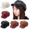 Ladies Women Girls Solid Color PU Leather Octagonal Peaked Cap Newsboy Hat Beret Hat Newsboy Cap