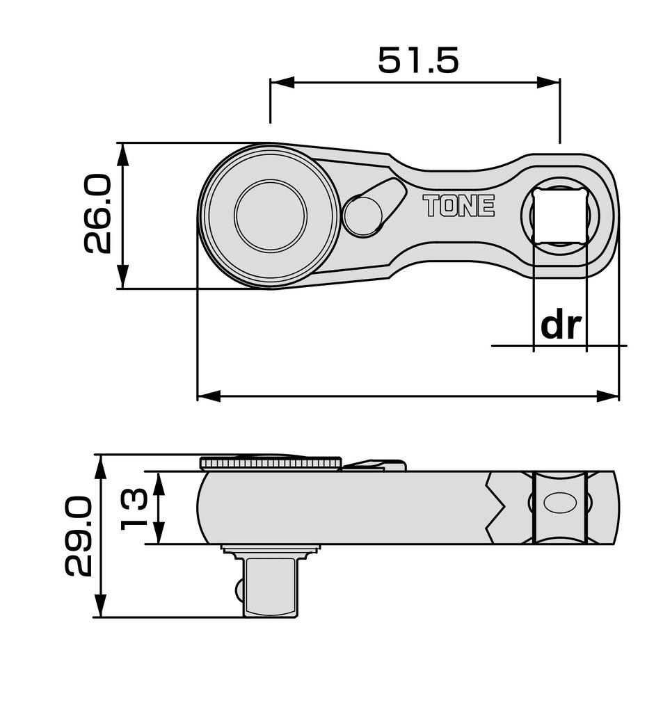 TONE Stubby Ratchet Handle RH3HSS3 Drive Angle (Hold Type) 9.5mm (3/8")
