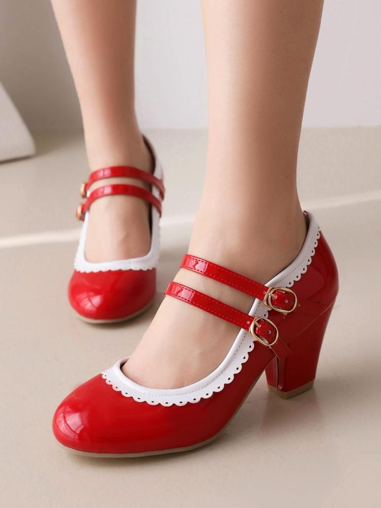 Fashion Sweet Women's Heels Size 45 Pumps Lolita Mary Janes Shoes Big Size Elegant Black Red Pink Heeled Office Wedding Shoes For Girls