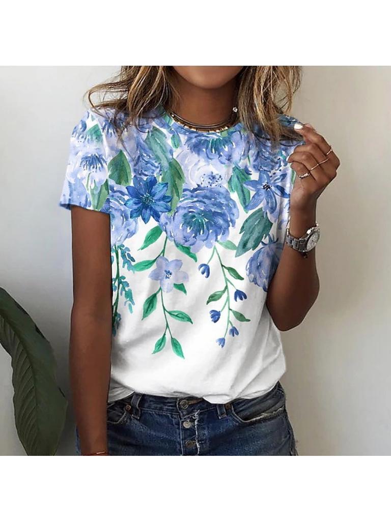 Летняя женская уличная модная футболка с цветочным принтом 3D с коротким рукавом, повседневная универсальная свободная футболка с круглым вырезом, женская одежда