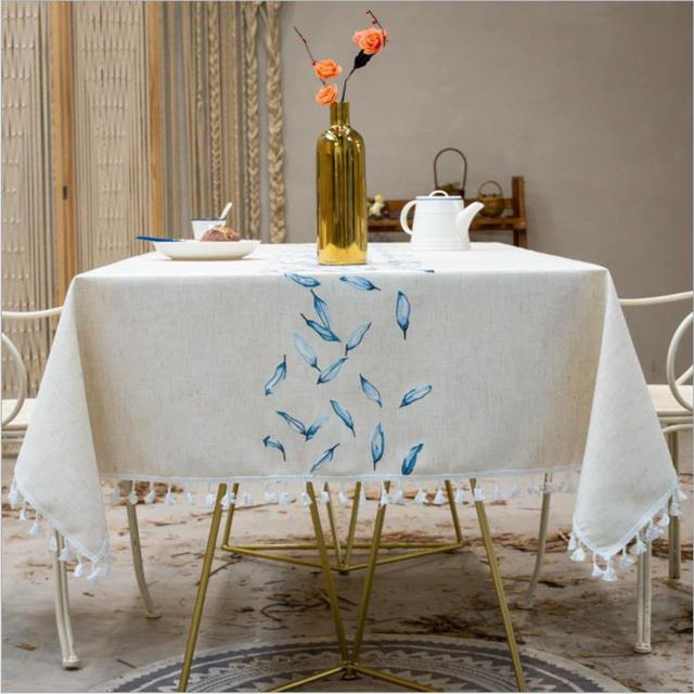 Embroidery Anglicanum Tassel Tablecloth Cotton Linen Dust Proof Table Cover For Kitchen Dining Room Home Party Tabletop Decor