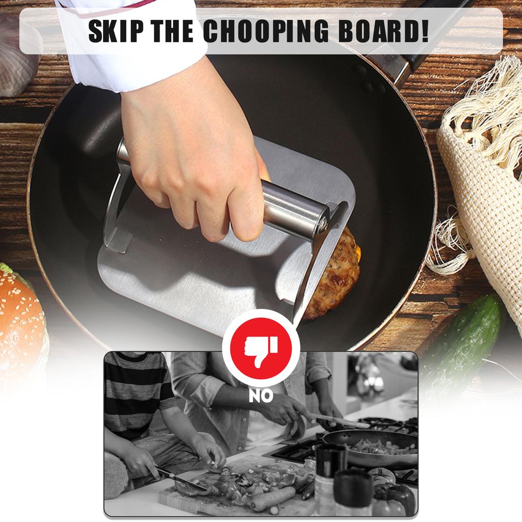 Пресс для гамбургеров с антипригарным покрытием и эргономичной ручкой. Пресс для гамбургеров из пищевой нержавеющей стали. Сосиска с беконом.