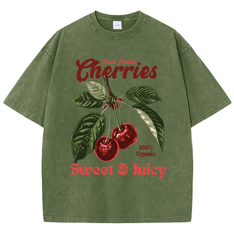 Fresh Picked Cherries Cottonwashed T Shirts Women Sweet Fruit Print T-Shirt Distressed Oversize O-Neck Tops Street Woman Clothes