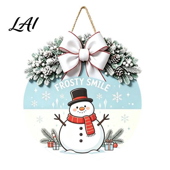 Seasonal Wall Art Christmas Wooden Welcome Sign for Front Door Round Hanging Ornament with Gift Artificial Pine Branches & Bow Decor Holiday