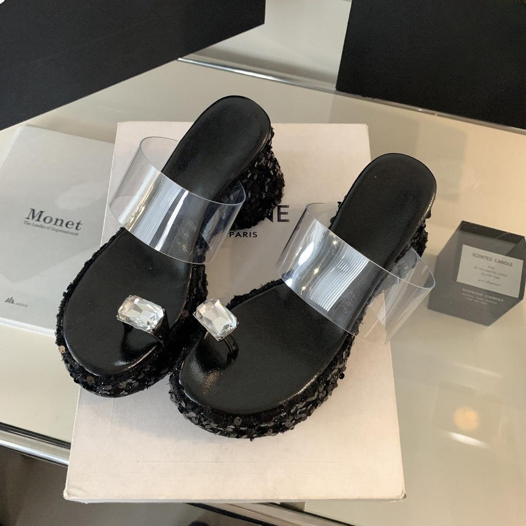 Small Man Heightening Super High Heels Rhinestone Flash Sequins Women's Summer Slope Heel Transparent Muffin Bottom Thick Bottom Cool Slippers