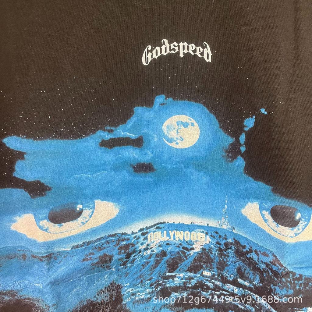 GOD SPEED City Night View Eye Print European and American Hip Hop Short Sleeve T-Shirt Trend Print Loose
