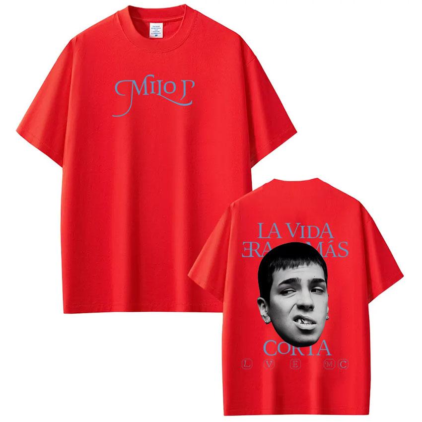 New album graphic Tshirt of rapper Milo J La Vida Era Mas Corta for SpringSummer 2026fashion hiphop cotton shortsleeved top